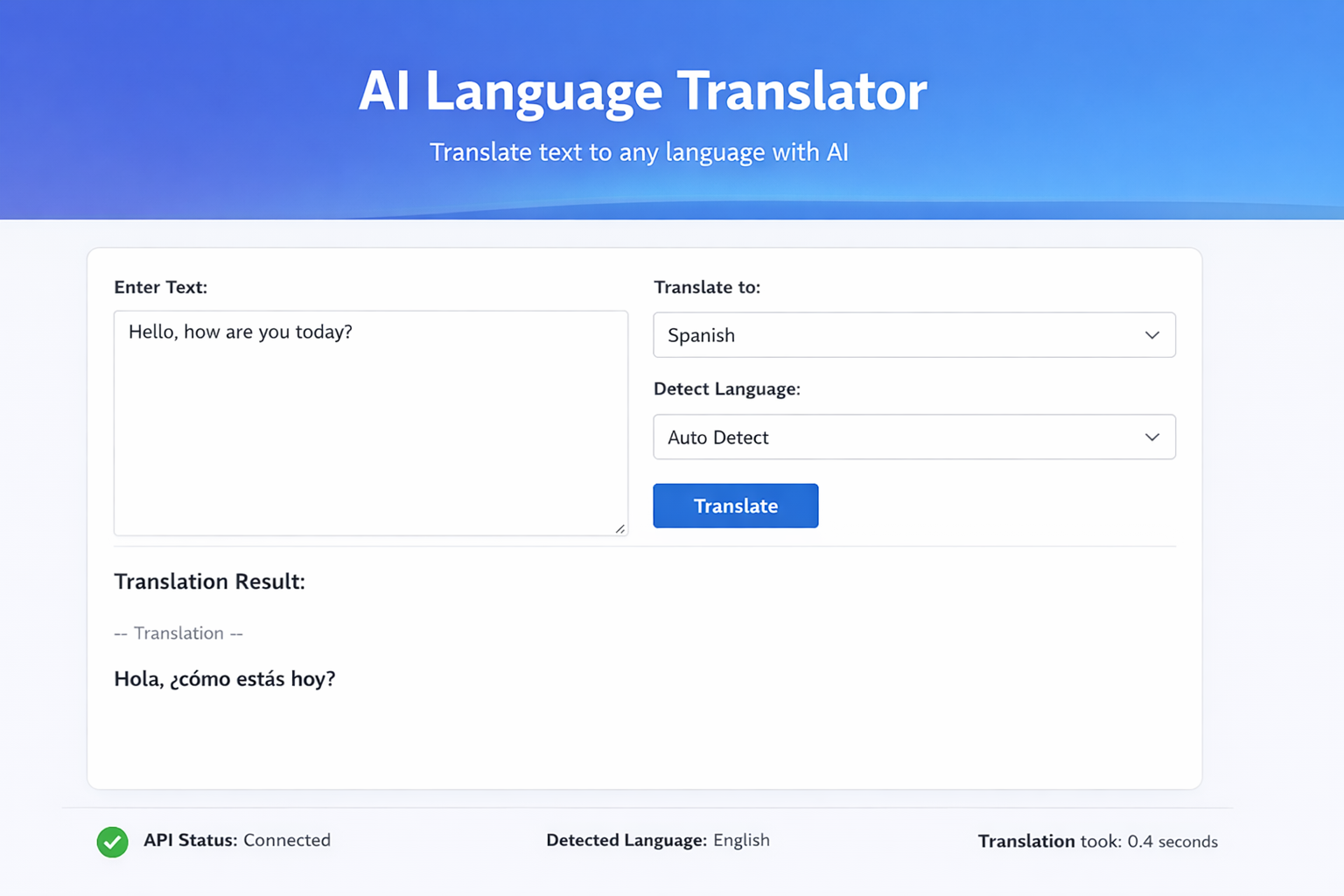 Screenshot of AI multilingual translation web app interface