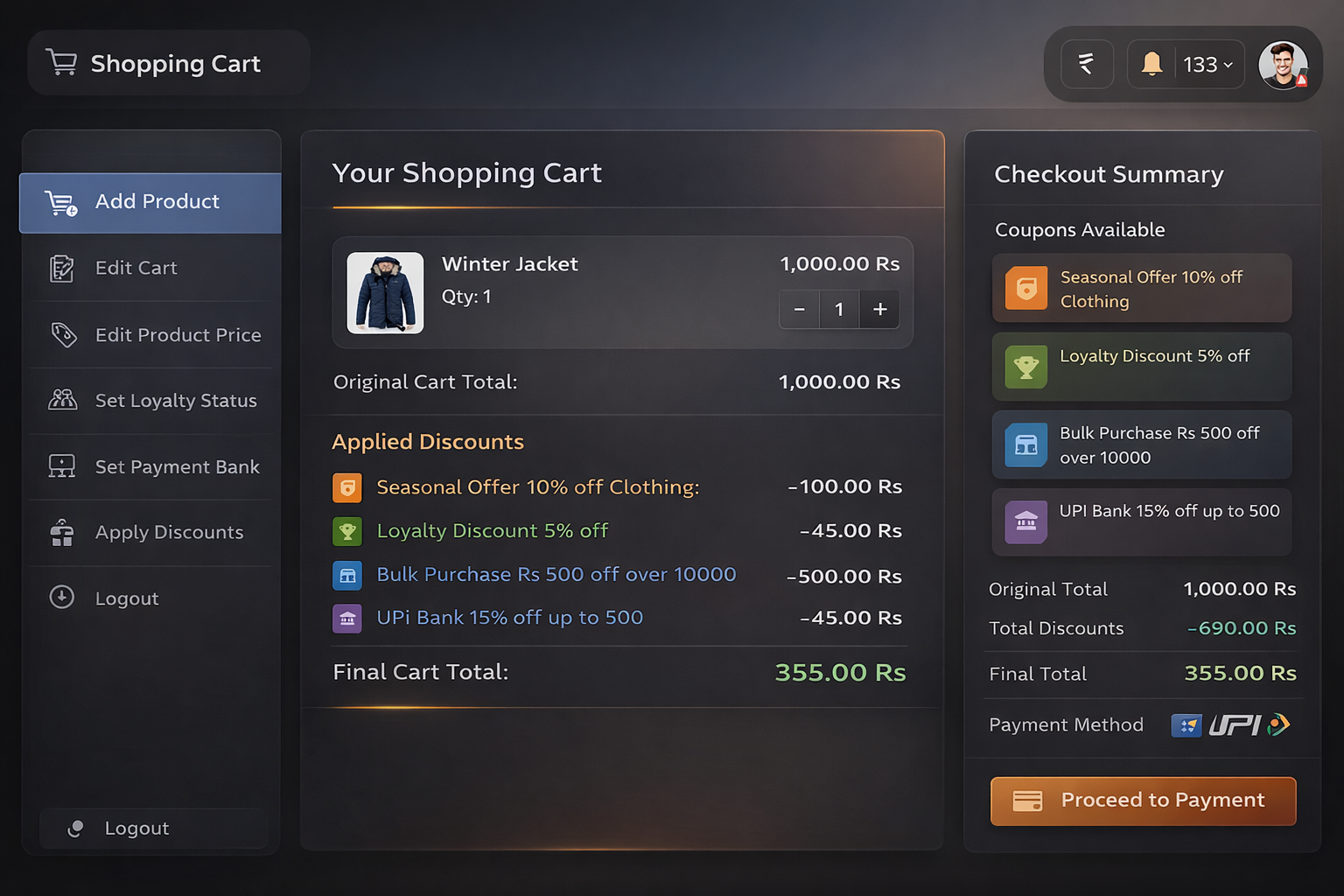 Shopping cart discount system UI showcasing applied offers and checkout summary
